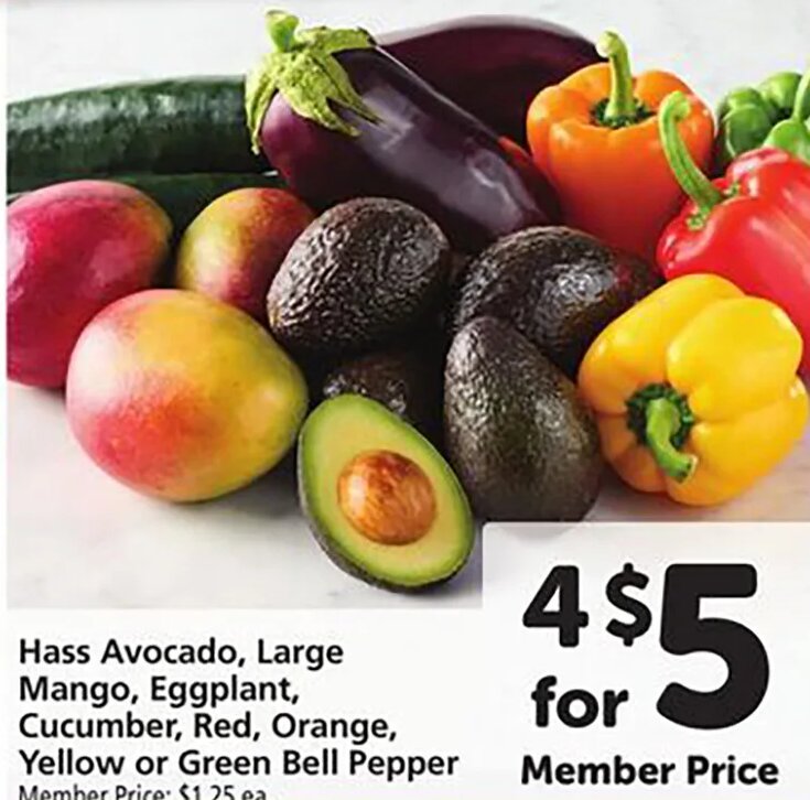 Hass Avocado, Large Mango, Eggplant, Cucumber, Red, Orange, Yellow or Green Bell Pepper