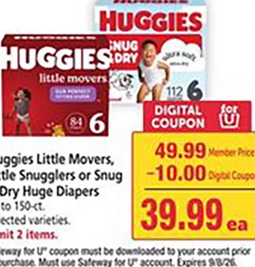 Huggies Little Movers, Little Snugglers or Snug & Dry Huge Diapers at Safeway
