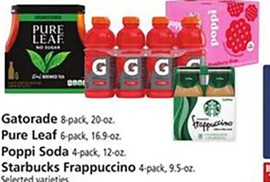 Gatorade, Pure Leaf, Poppi Soda, Starbucks Frappuccino