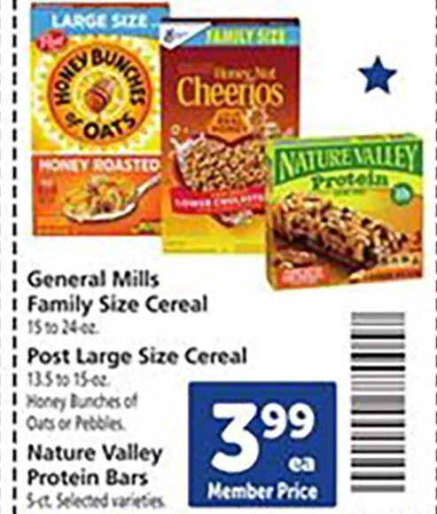 General Mills Family Size Cereal, Post Large Size Cereal, Honey Bunches of Oats or Pebbles, Nature Valley Protein Bars at Safeway