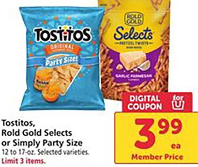 Tostitos, Rold Gold Selects or Simply Party Size