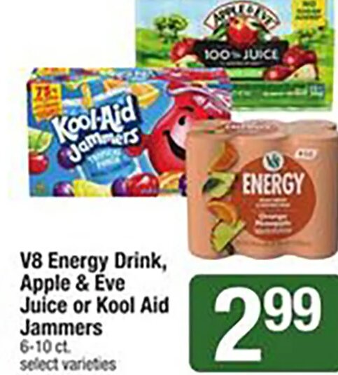 V8 Energy Drink, Apple & Eve Juice or Kool Aid Jammers