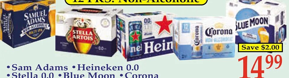 Sam Adams/Heineken 0.0/Stella 0.0/Blue Moon/Corona at Market Basket
