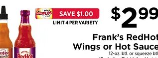Frank's RedHot Wings or Hot Sauce at ShopRite