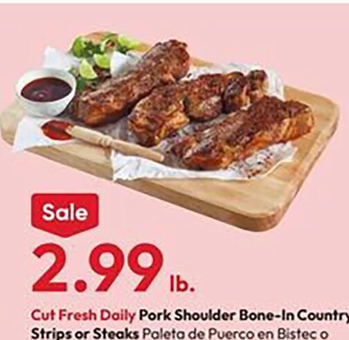 Cut Fresh Daily Pork Shoulder Bone-In Country Strips or Steaks