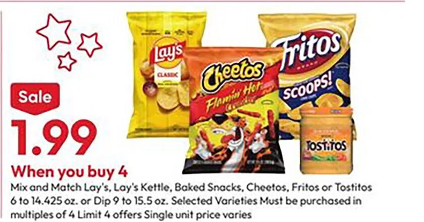Lay's, Lay's Kettle, Baked Snacks, Cheetos, Fritos or Tostitos at Stater Bros.
