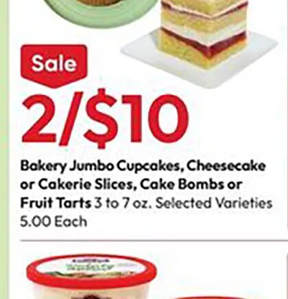 Bakery Jumbo Cupcakes, Cheesecake or Cakerie Slices, Cake Bombs or Fruit Tarts