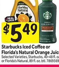 Starbucks Iced Coffee or Florida's Natural Orange Juice at Stop & Shop