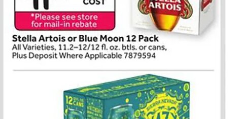 Stella Artois or Blue Moon 12 Pack at Stop & Shop