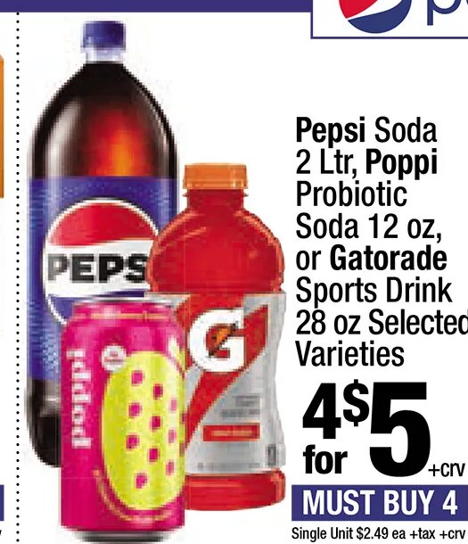 Pepsi Soda, Poppi Probiotic Soda or Gatorade Sports Drink