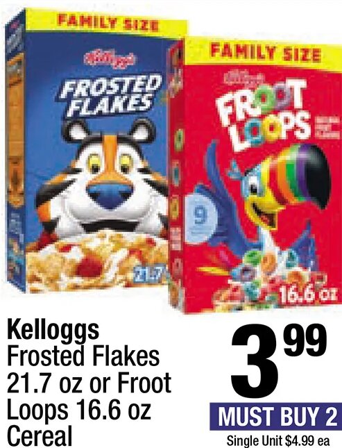 Kelloggs Frosted Flakes or Froot Loops Cereal at Super King Markets
