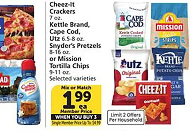 Cheez-It Crackers, Kettle Brand, Cape Cod, Utz, Snyder's Pretzels or Mission Tortilla Chips at Vons
