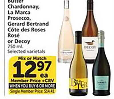Chardonnay, La Marca Prosecco, Gerard Bertrand Côte des Roses Rosé or Decoy