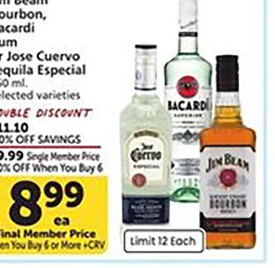 Jim Beam, Bourbon, Bacardi, Rum or Jose Cuervo Tequila