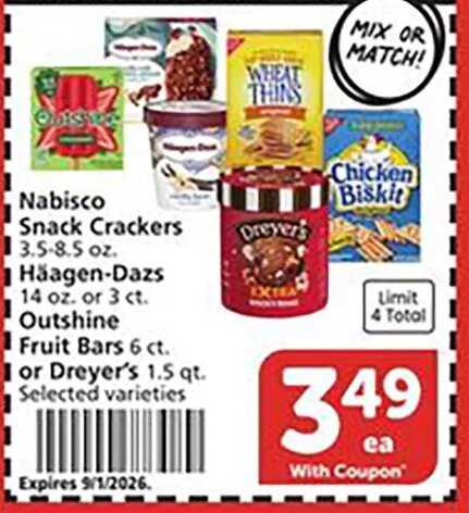Nabisco Snack Crackers, Häagen-Dazs, Outshine Fruit Bars or Dreyer's at Vons