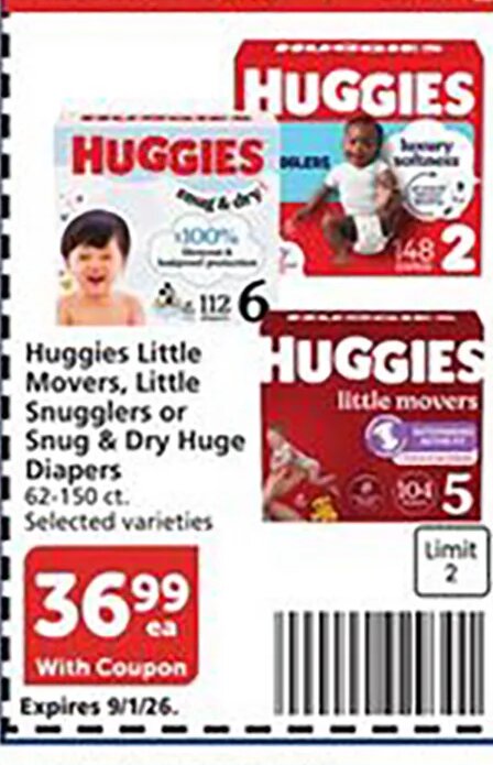 Huggies Little Movers, Little Snugglers or Snug & Dry Huge at Vons