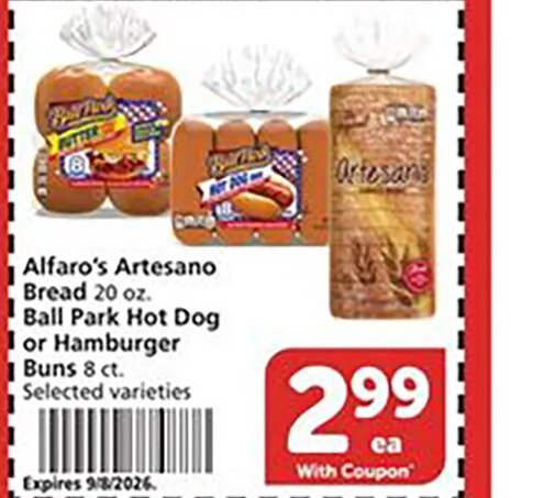 Alfaro's Artesano Bread or Ball Park Hot Dog or Hamburger Buns at Vons