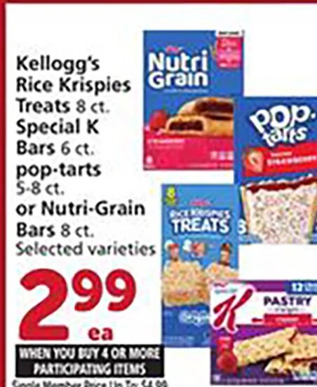 Kellogg's Rice Krispies Treats, Special K Bars, pop-tarts or Nutri-Grain Bars at Vons