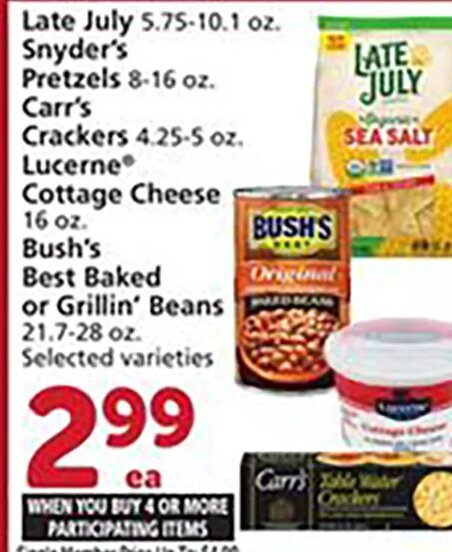 Late July, Snyder's Pretzels, Carr's Crackers, Lucerne Cottage Cheese, Bush's Best Baked or Grillin' Beans at Vons