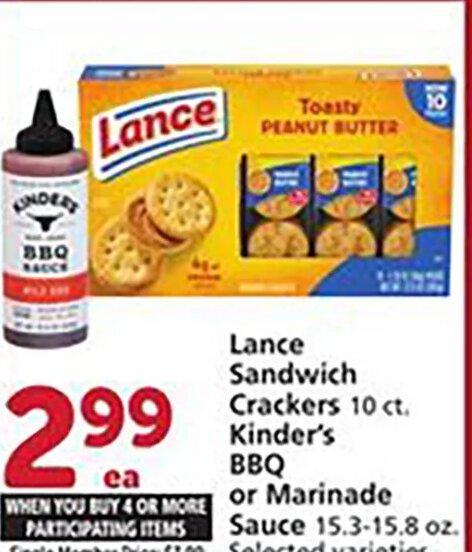 Lance Sandwich Crackers, Kinder's BBQ or Marinade Sauce at Vons