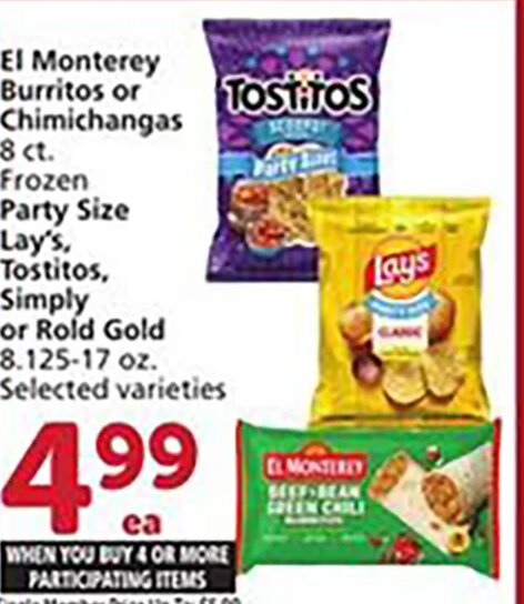 El Monterey Burritos or Chimichangas, Party Size Lay's, Tostitos, Simply or Rold Gold at Vons