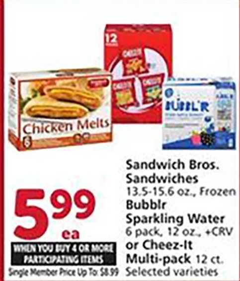 Sandwich Bros. Sandwiches, Bubblr Sparkling Water, or Cheez-It at Vons