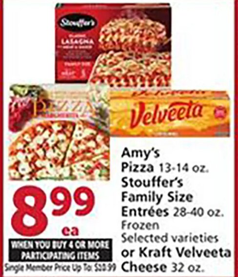 Amy's Pizza, Stouffer's Family Size Entrées, or Kraft Velveeta Cheese at Vons