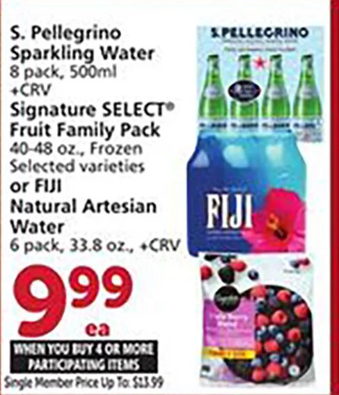 S. Pellegrino Sparkling Water, Signature SELECT Fruit Family Pack, or FIJI Natural Artesian Water at Vons