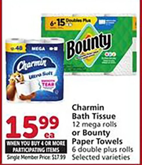 Charmin Bath Tissue or Bounty Paper Towels at Vons