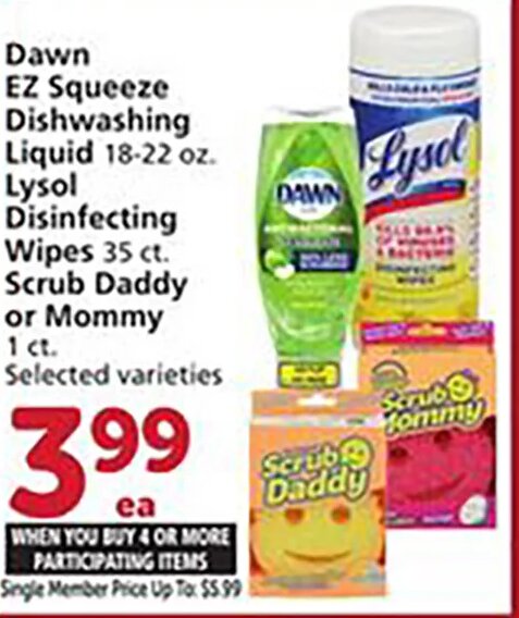 Dawn EZ Squeeze Dishwashing Liquid, Lysol Disinfecting Wipes, or Scrub Daddy at Vons