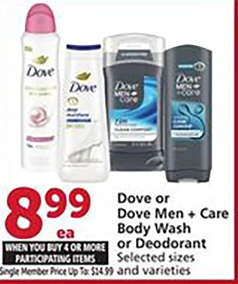 Dove or Dove Men + Care Body Wash or Deodorant
