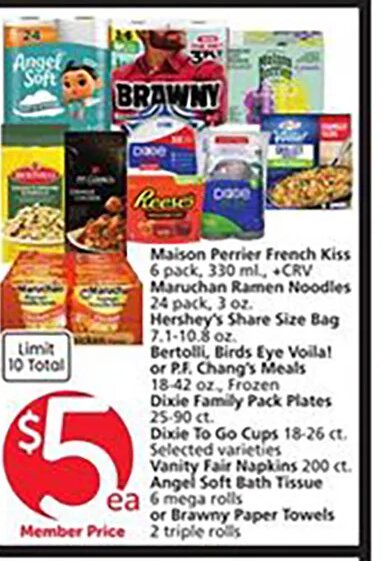 Maison Perrier, French Kiss, Maruchan Ramen Noodles, Hershey's Share Size Bag, Bertolli, Birds Eye Voila!, P.F. Chang's Meals, Dixie Family Pack Plates, Dixie To Go Cups, Vanity Fair Napkins, Angel Soft Bath Tissue, Brawny Paper Towels at Vons