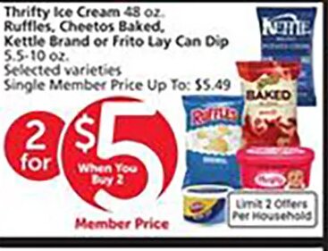Thrifty Ice Cream, Ruffles, Cheetos Baked, Kettle Brand or Frito Lay Can Dip at Vons