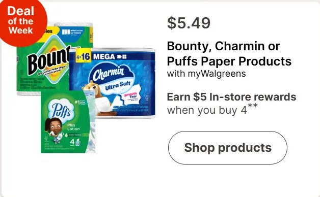 Bounty, Charmin or Puffs Paper Products at Walgreens