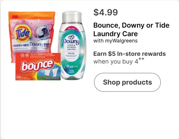 Bounce, Downy or Tide Laundry Care at Walgreens