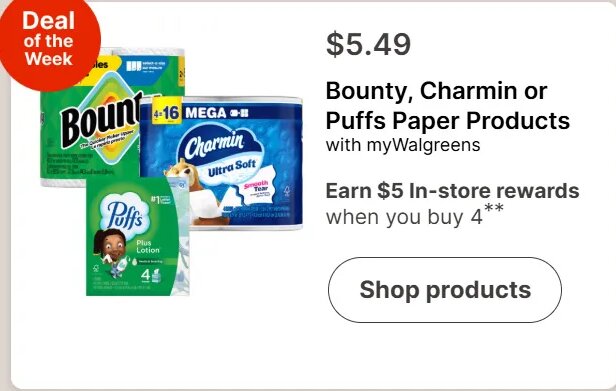 Bounty, Charmin or Puffs Paper Products at Walgreens