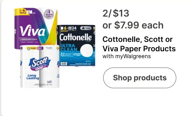 Cottonelle, Scott or Viva Paper Products at Walgreens