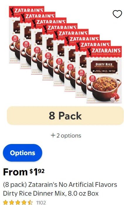 (8 pack) Zatarain's No Artificial Flavors Dirty Rice Dinner Mix, 8.0 oz Box at Walmart
