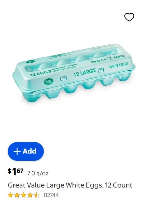 Great Value Large White Eggs, 12 Count