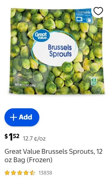 Great Value Brussels Sprouts, 12 oz Bag (Frozen)