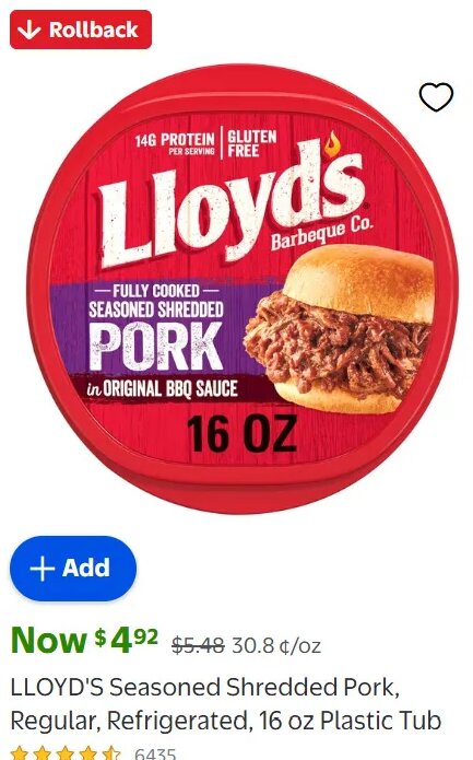 LLOYD'S Seasoned Shredded Pork, Regular, Refrigerated, 16 oz Plastic Tub at Walmart