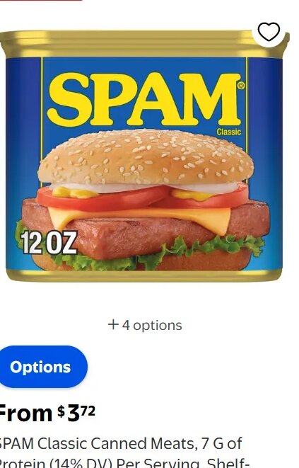 SPAM Classic Canned Meats, 7 G of Protein (14% DV) Per Serving, Shelf-Stable, 12 oz Aluminum Can at Walmart