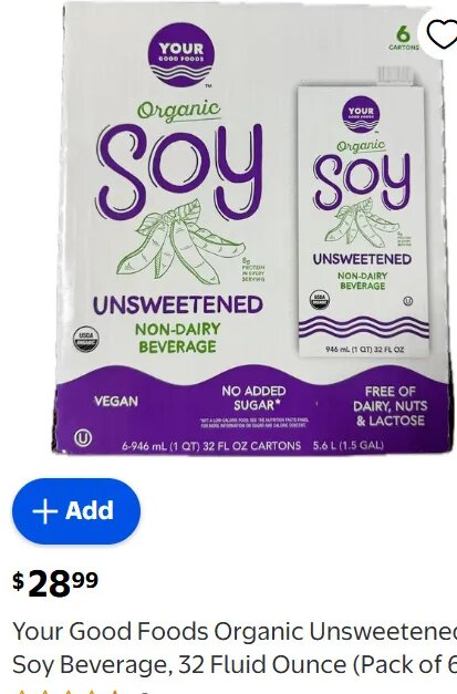 Your Good Foods Organic Unsweetened Soy Beverage, 32 Fluid Ounce (Pack of 6)