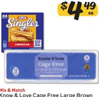 Know & Love Cage Free Large Brown Eggs or Kraft Singles at Winn-Dixie