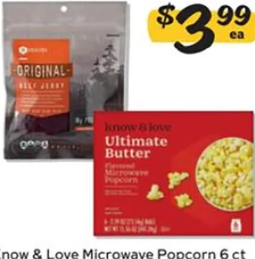 Know & Love Microwave Popcorn or SE Grocers Jerky at Winn-Dixie