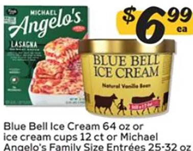 Blue Bell Ice Cream or Michael Angelo's Family Size Entrées