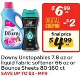 Downy Unstopables or liquid fabric softener or Bounce Sheets at Winn-Dixie