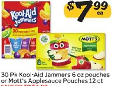 30 Pk Kool-Aid Jammers 6 oz pouches or Mott's Applesauce Pouches 12 ct at Winn-Dixie