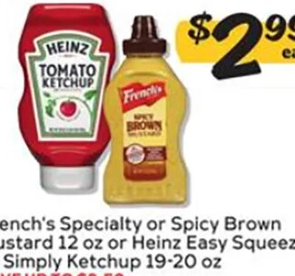 French's Specialty or Spicy Brown Mustard 12 oz or Heinz Easy Squeeze or Simply Ketchup 19-20 oz at Winn-Dixie