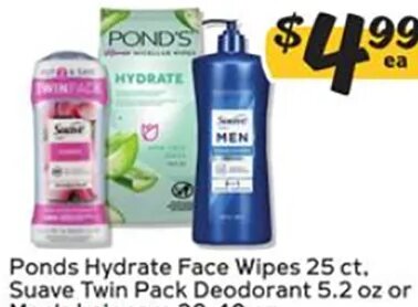 Ponds Hydrate Face Wipes or Suave Twin Pack